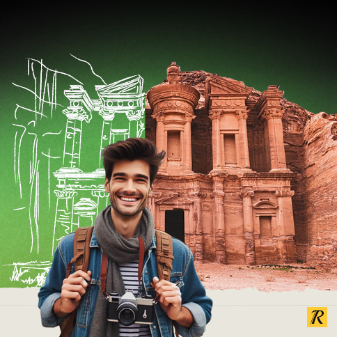 Un voyageur devant Petra en Jordanie, la moitié de Petra sous forme graphique, l'autre photographique